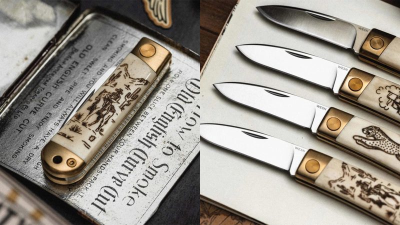 WESN’s Scrimshaw Henry knife Collectionwith brass hardware, ox bone scales, and custom engraving kit for personalized EDC craftsmanship and heritage design.