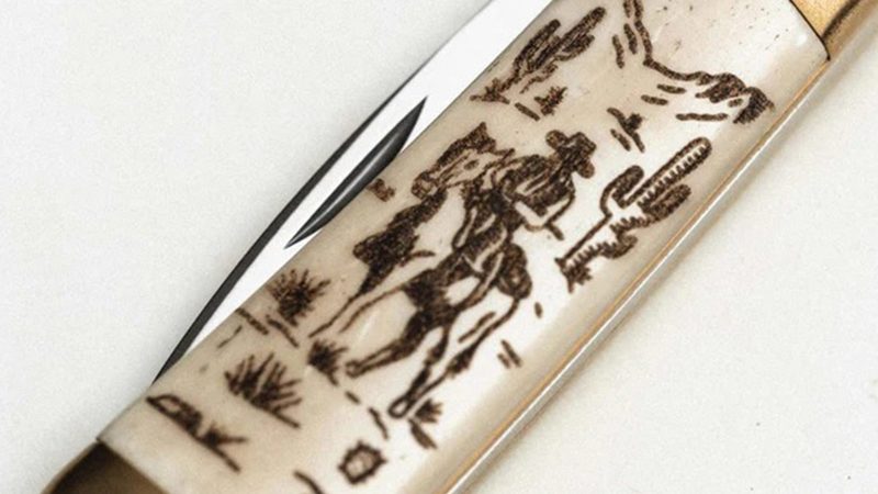 WESN’s Scrimshaw Henry knife Collectionwith brass hardware, ox bone scales, and custom engraving kit for personalized EDC craftsmanship and heritage design.