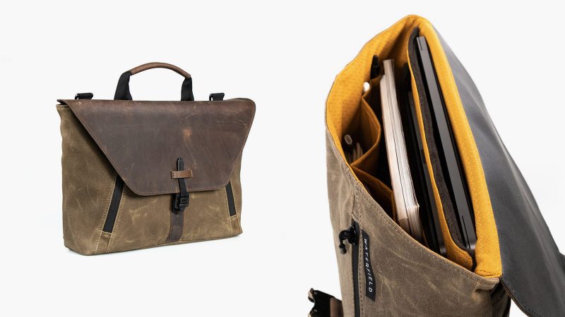 WaterField’s Staad Attaché laptop messenger brief with full-grain leather flap, ballistic nylon body, padded laptop compartment, and handcrafted San Francisco design.