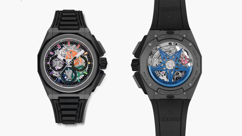 The Zenith DEFY Extreme Chroma limited-edition watch with El Primero 9004 1/100th-second chronograph, titanium and ceramic case, rainbow PVD movement, and openworked dial.