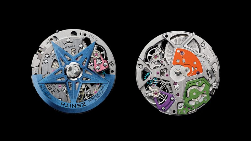 The Zenith DEFY Extreme Chroma limited-edition watch with El Primero 9004 1/100th-second chronograph, titanium and ceramic case, rainbow PVD movement, and openworked dial.