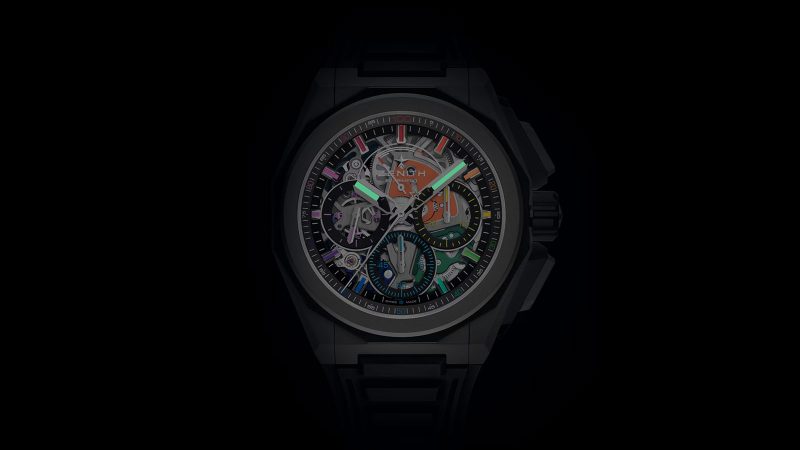 The Zenith DEFY Extreme Chroma limited-edition watch with El Primero 9004 1/100th-second chronograph, titanium and ceramic case, rainbow PVD movement, and openworked dial.