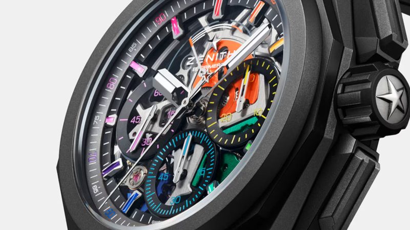 The Zenith DEFY Extreme Chroma limited-edition watch with El Primero 9004 1/100th-second chronograph, titanium and ceramic case, rainbow PVD movement, and openworked dial.