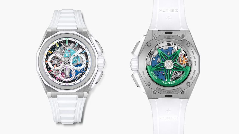 The Zenith DEFY Extreme Chroma limited-edition watch with El Primero 9004 1/100th-second chronograph, titanium and ceramic case, rainbow PVD movement, and openworked dial.