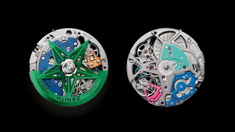 The Zenith DEFY Extreme Chroma limited-edition watch with El Primero 9004 1/100th-second chronograph, titanium and ceramic case, rainbow PVD movement, and openworked dial.