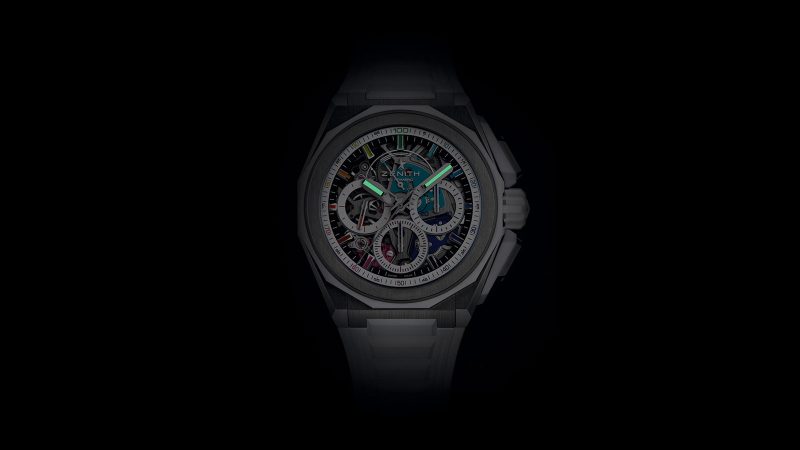 The Zenith DEFY Extreme Chroma limited-edition watch with El Primero 9004 1/100th-second chronograph, titanium and ceramic case, rainbow PVD movement, and openworked dial.