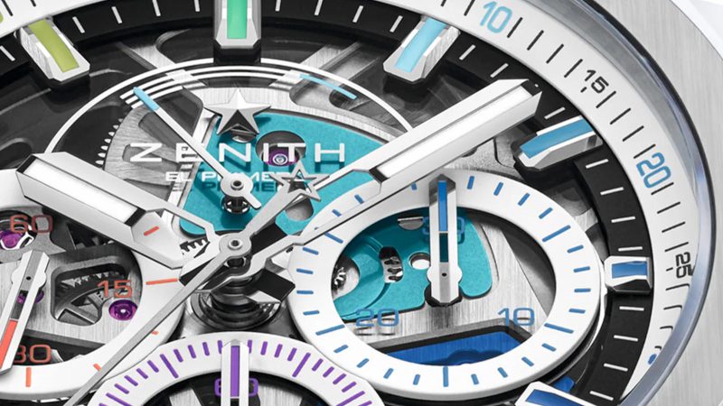 The Zenith DEFY Extreme Chroma limited-edition watch with El Primero 9004 1/100th-second chronograph, titanium and ceramic case, rainbow PVD movement, and openworked dial.